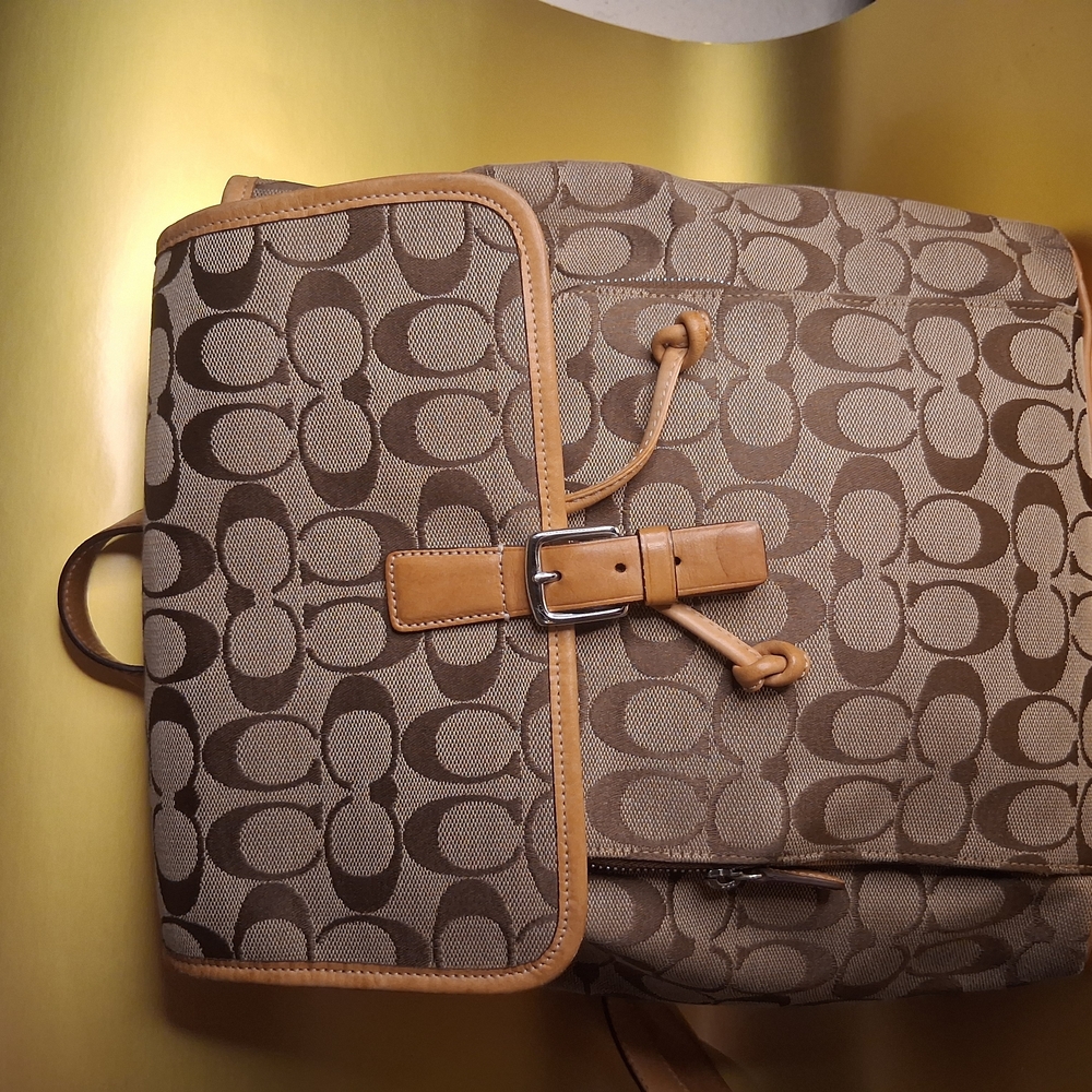 Coach Brown and Tan Signature Backpack with Leather Accents